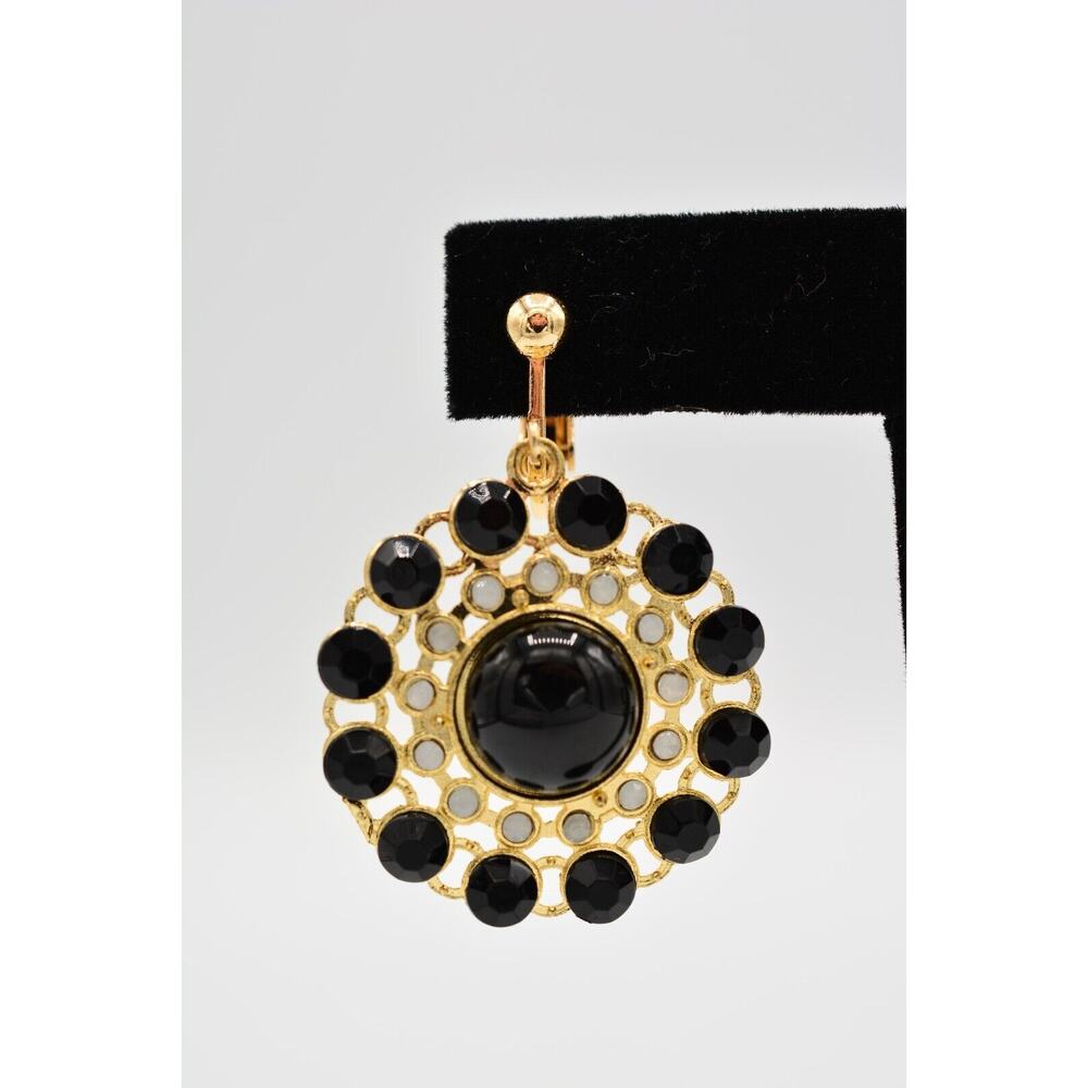Vintage Clip Earrings Dangle Black Cabochon Gold Tone 1990s BinAI - Picture 6 of 12
